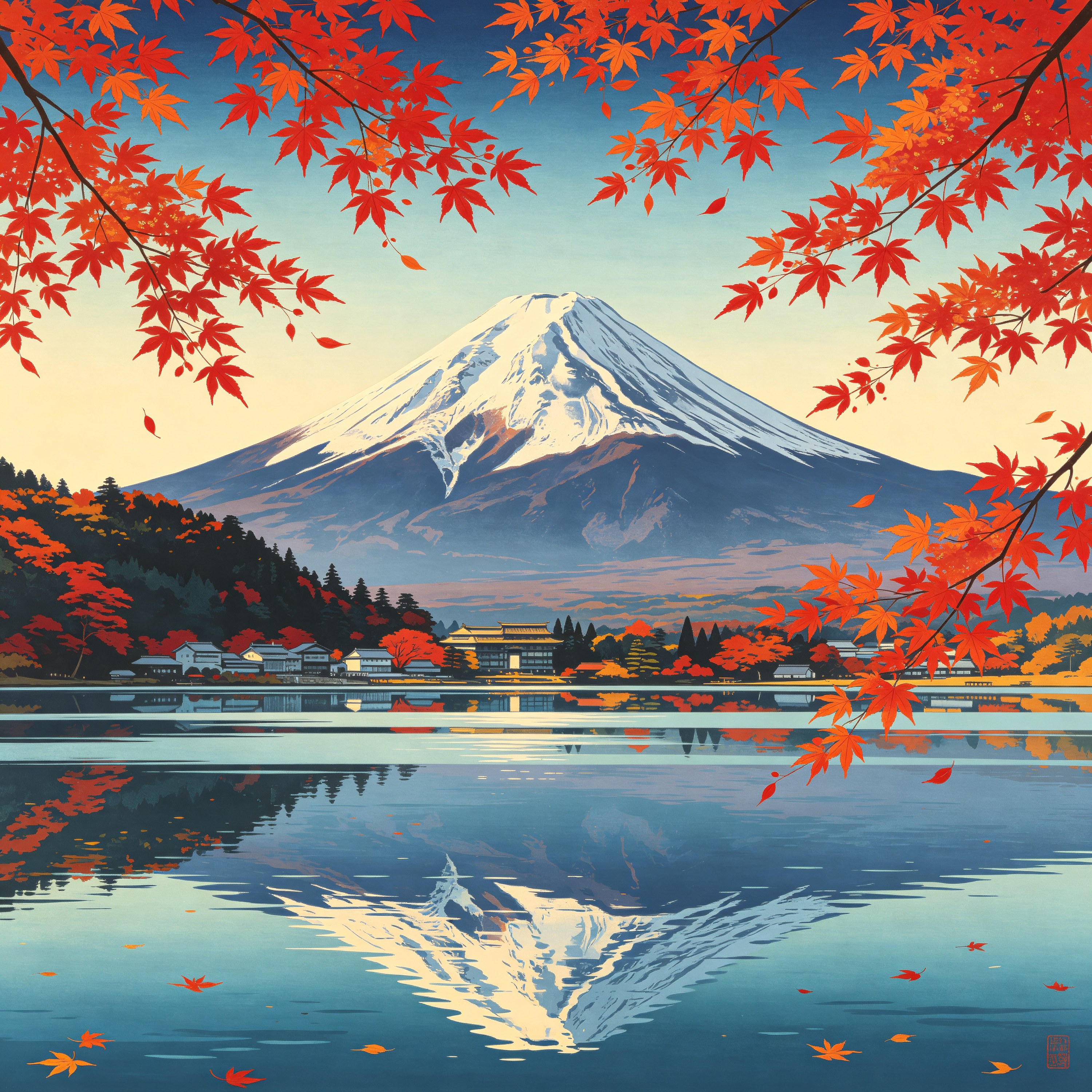 Ukiyo-e Fuji Red Leaves