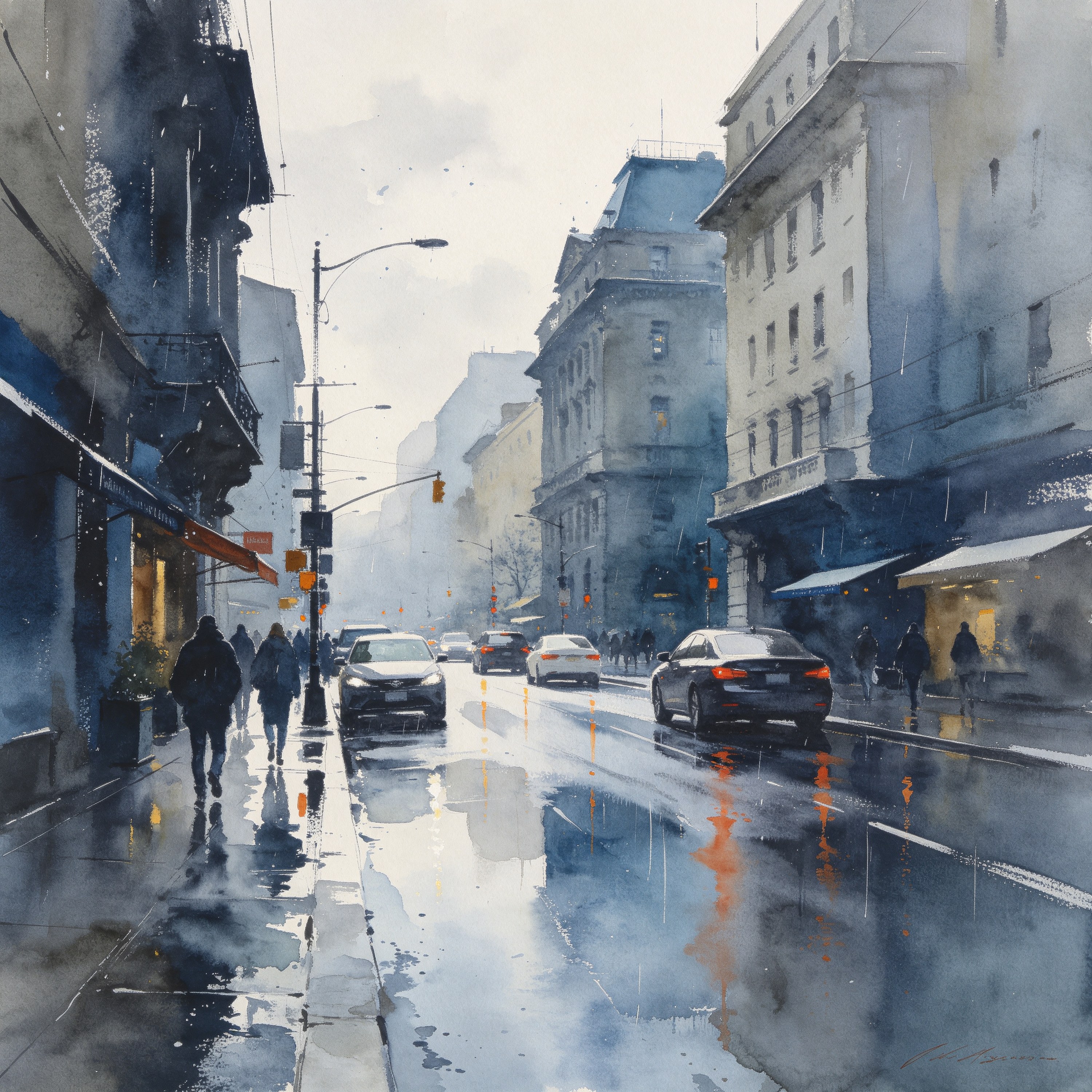 Watercolor City Rain