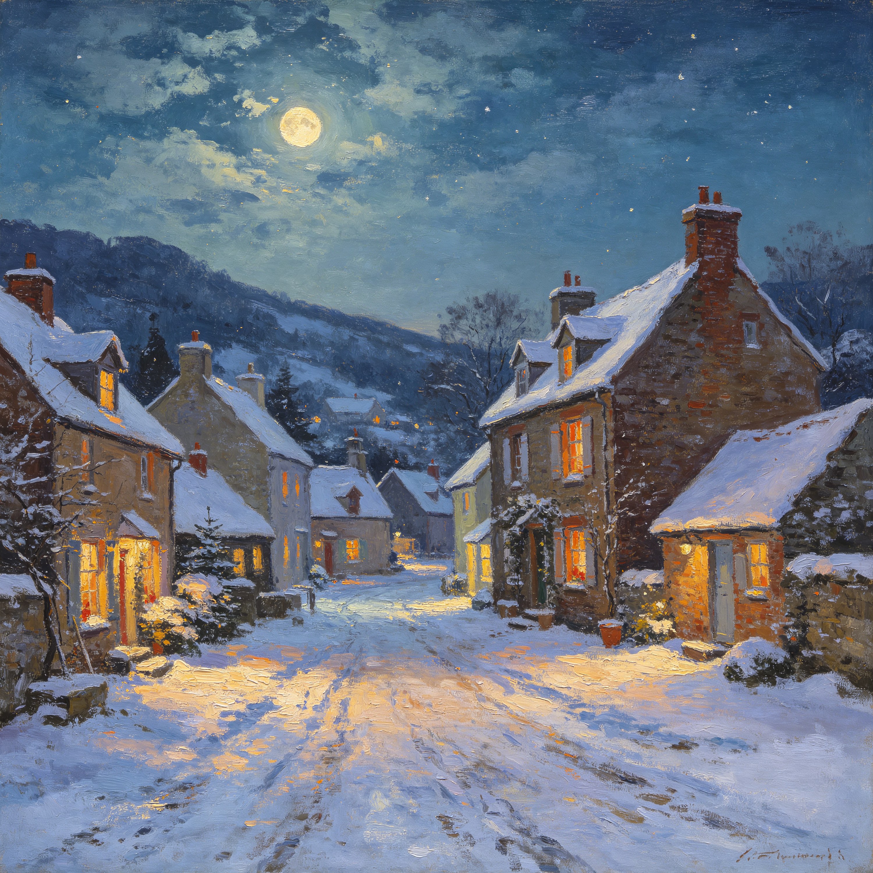 Oil Winter Night Village
