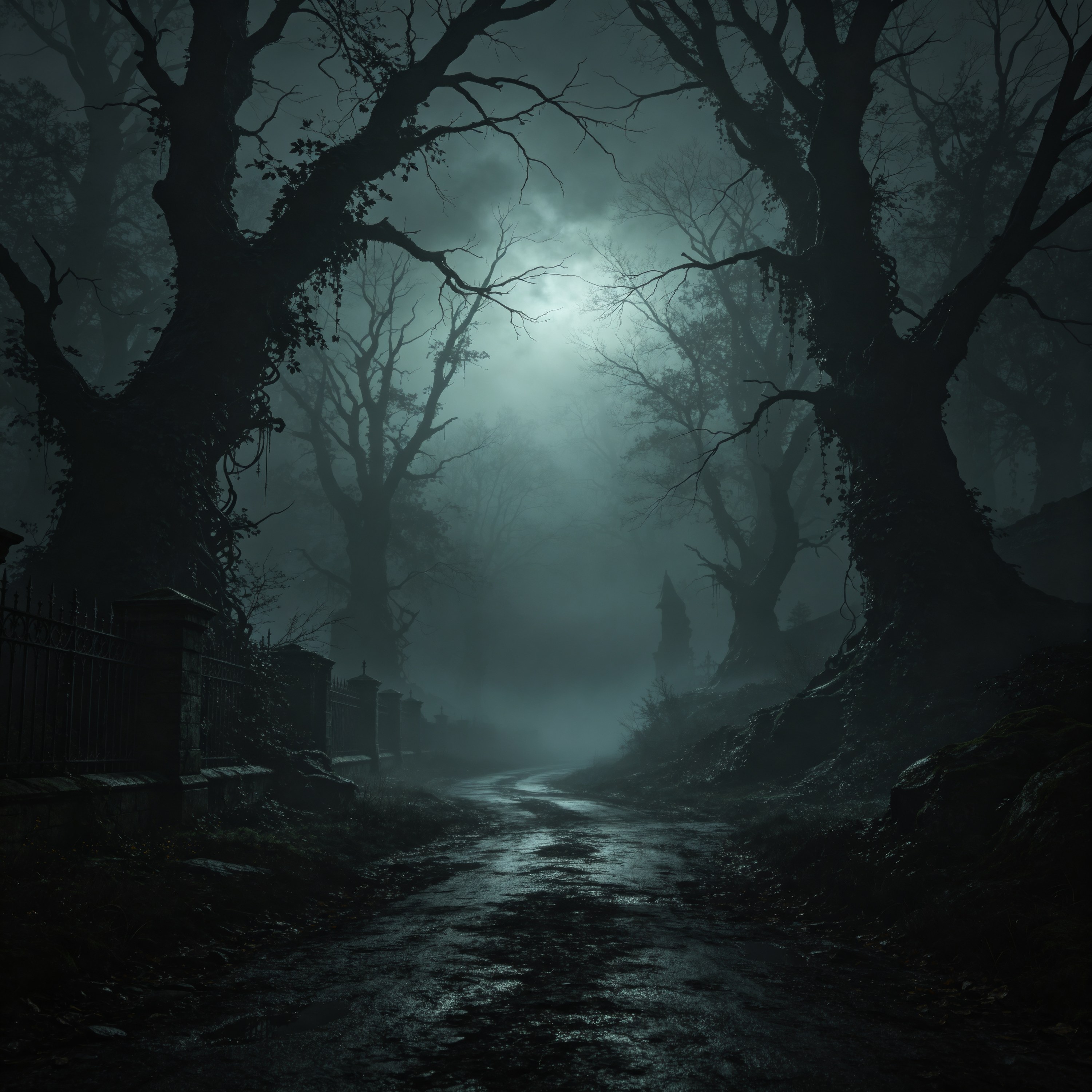Dark Gothic Road in Fog