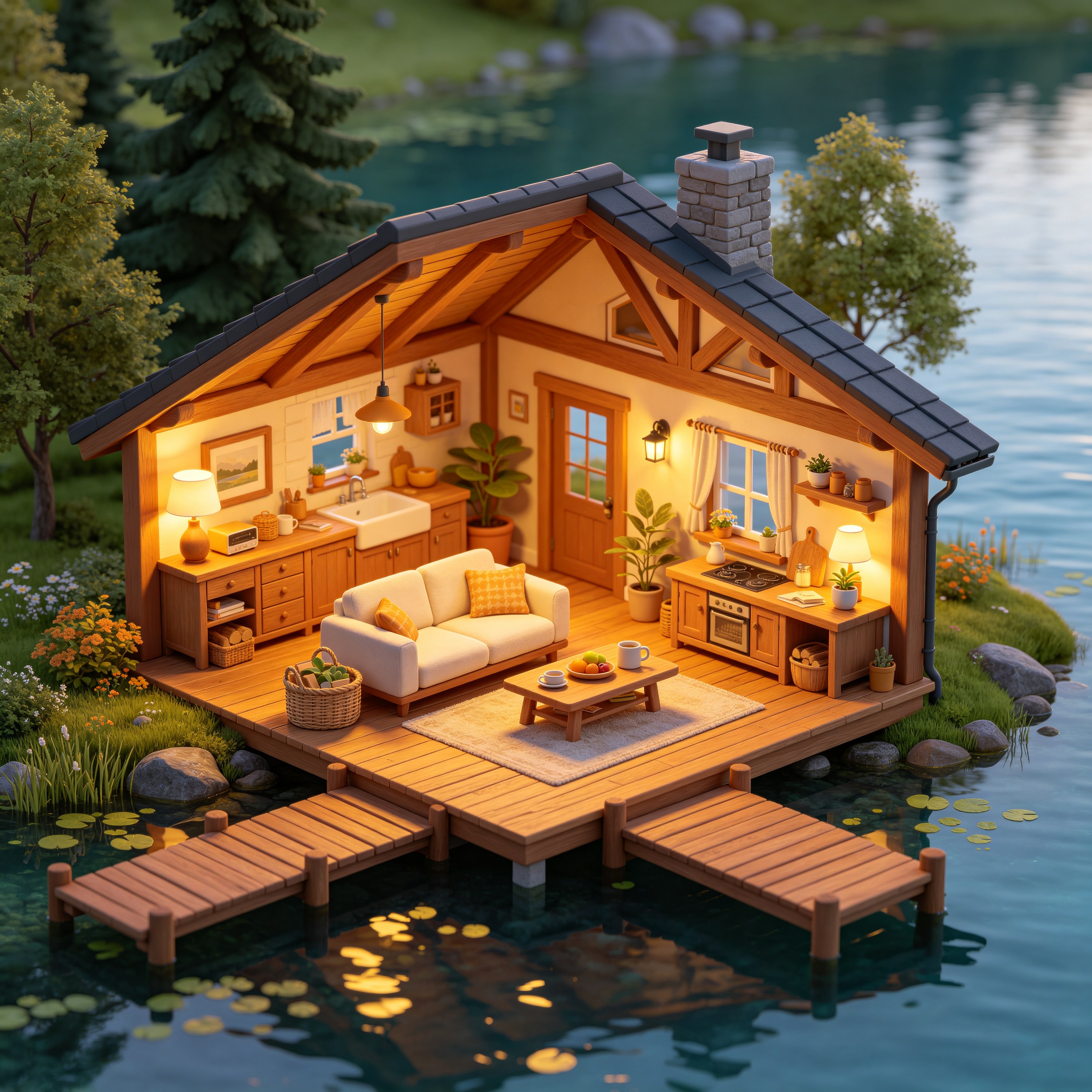 3D Isometric Lakeside Cottage
