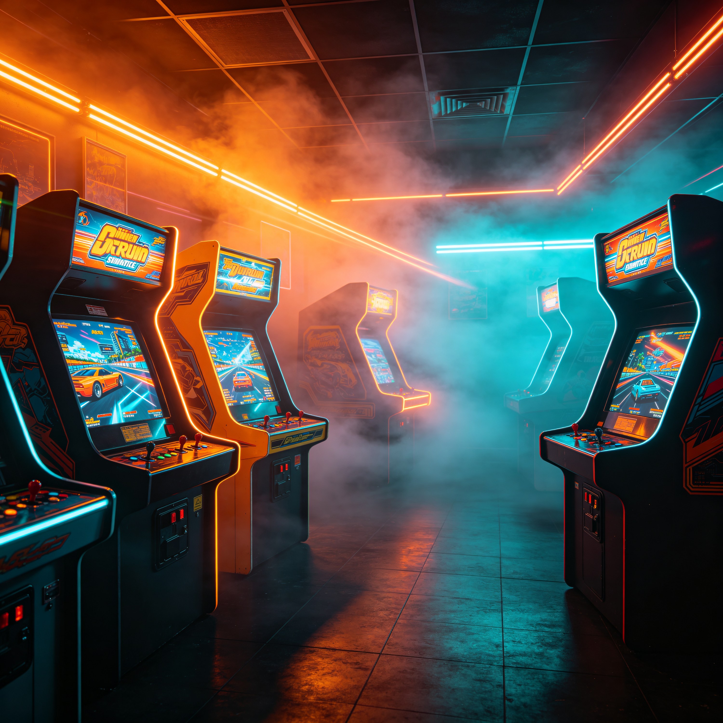 a neon-lit arcade ro