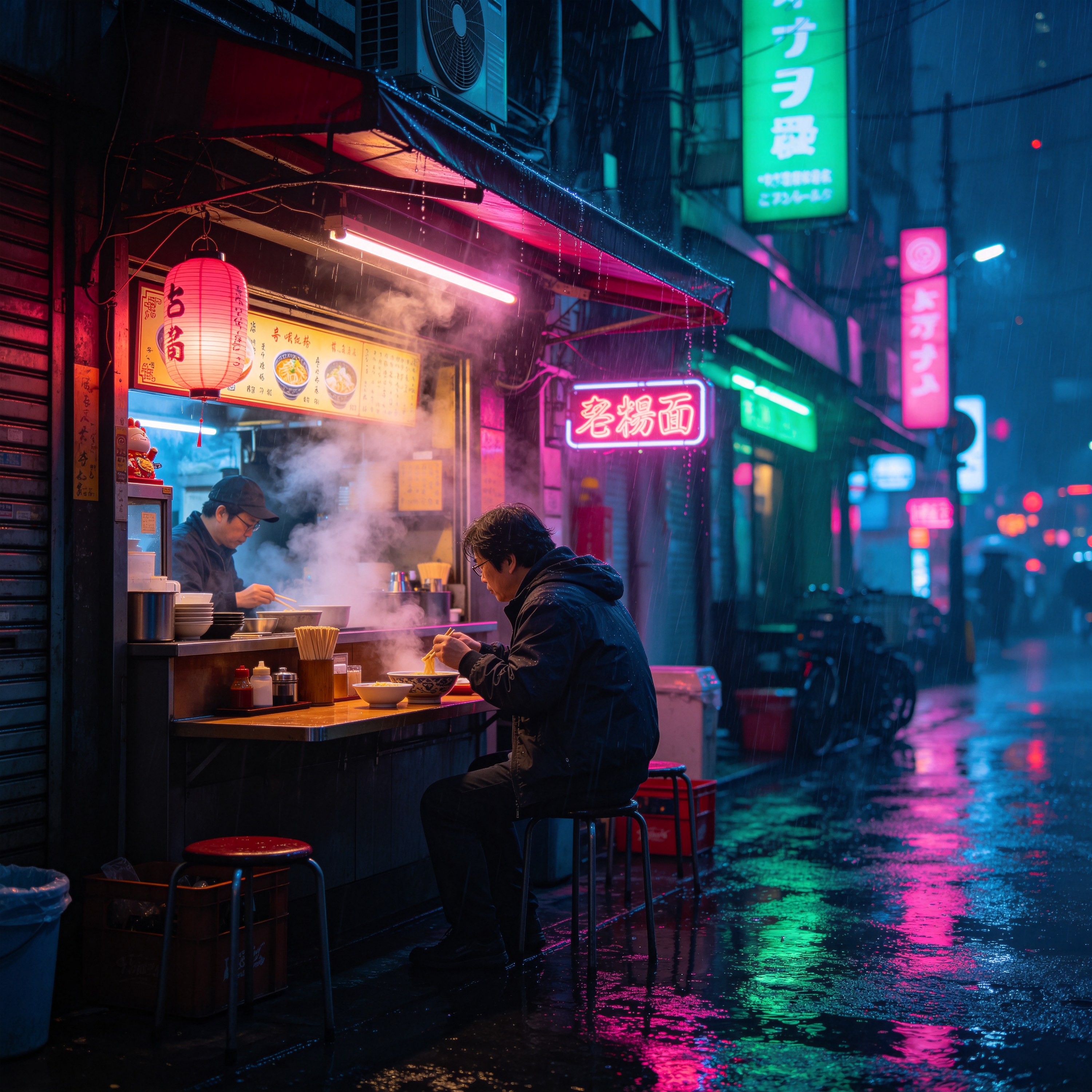 a neon-lit noodle sh