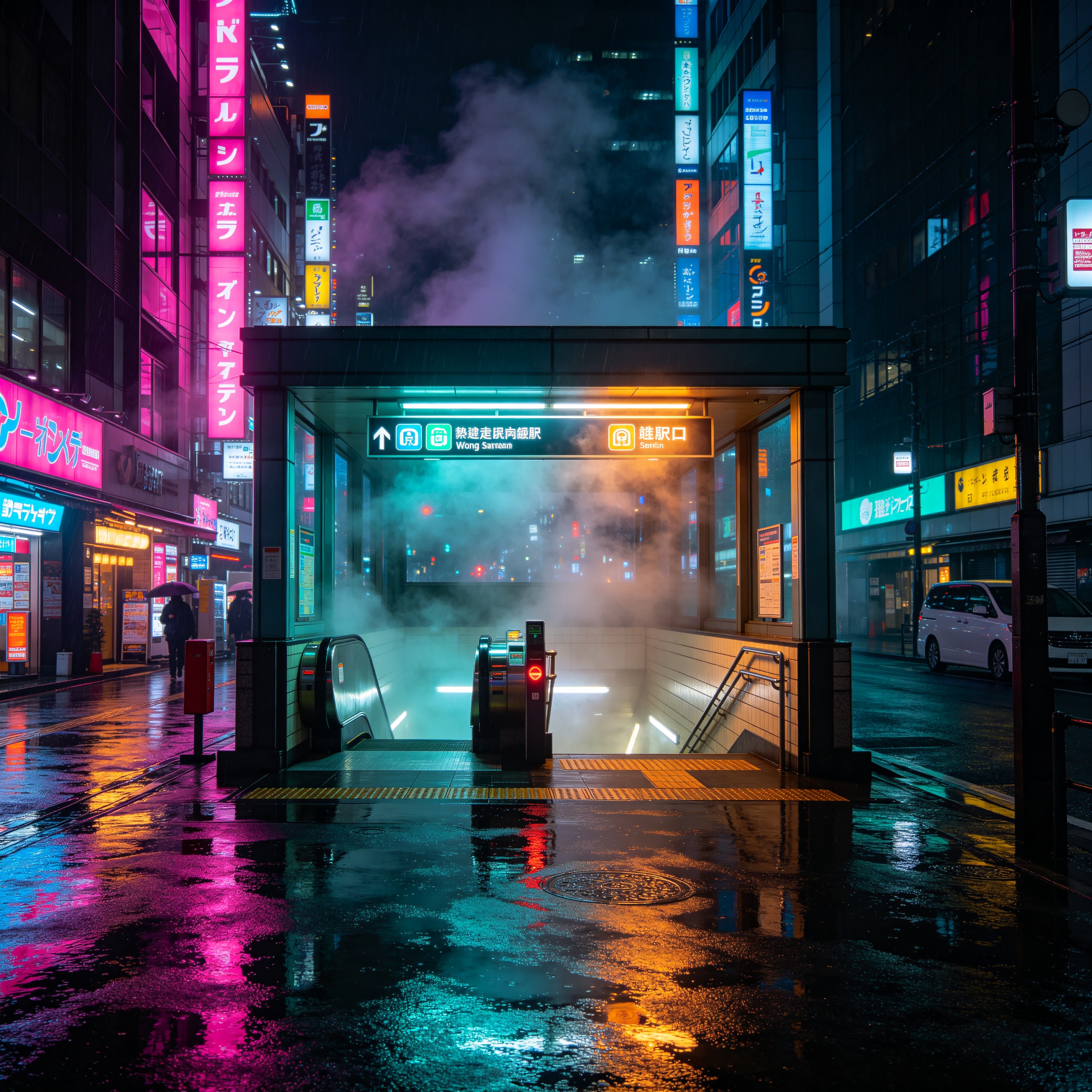 a neon-lit subway en