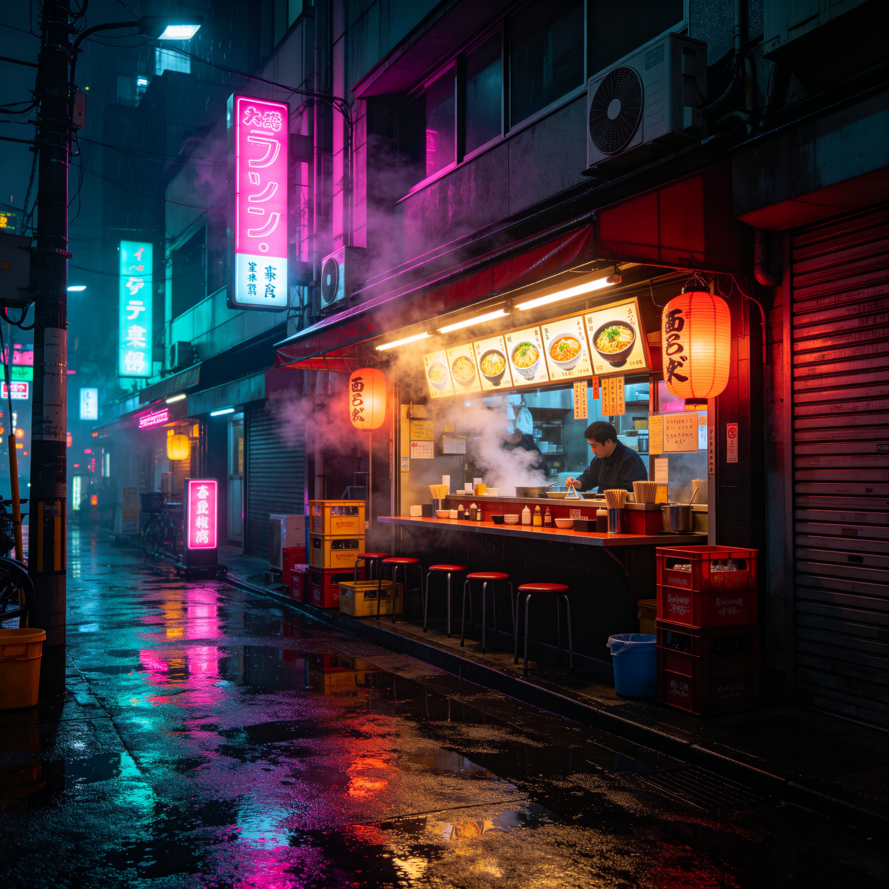 a neon-lit noodle sh