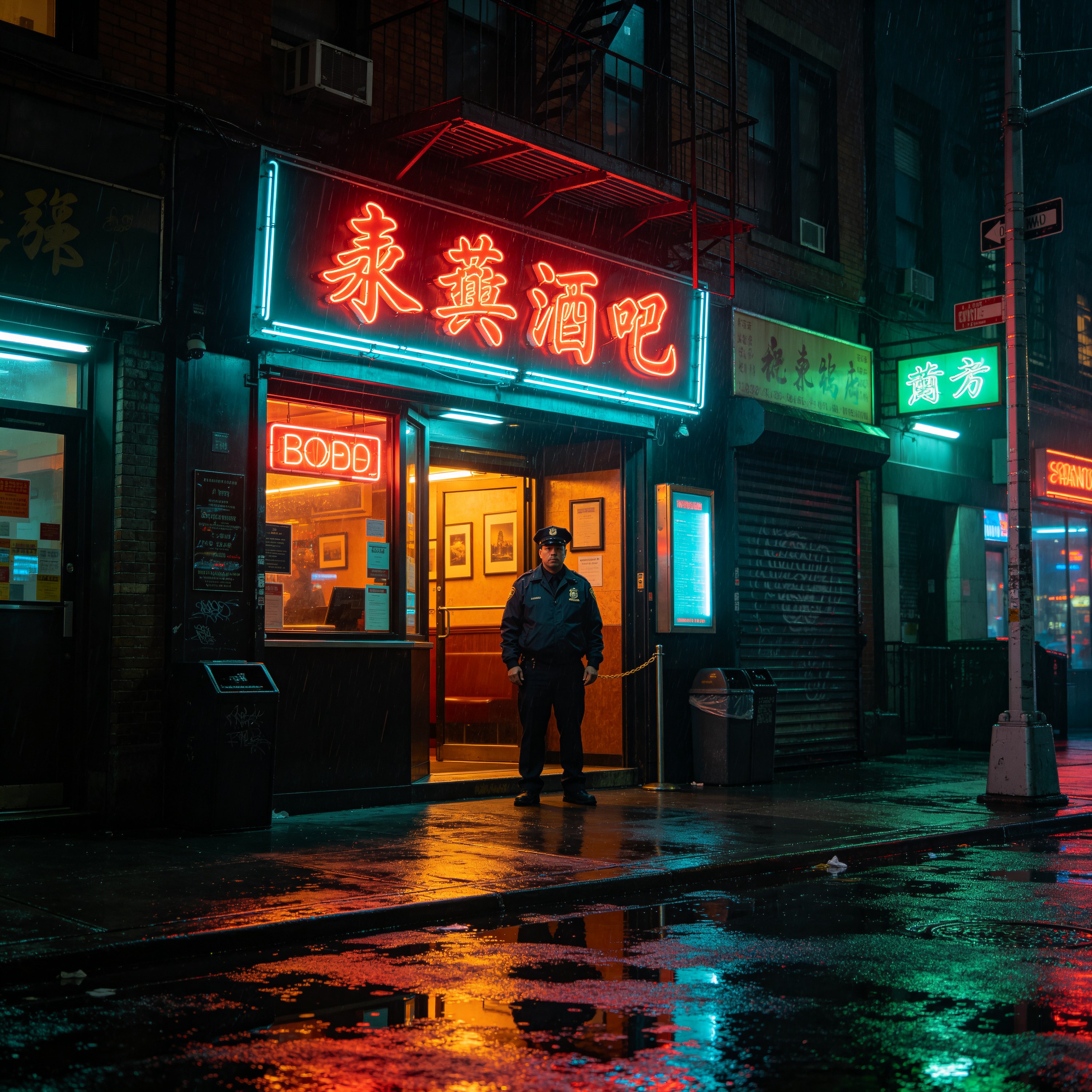 a neon-lit bar entra