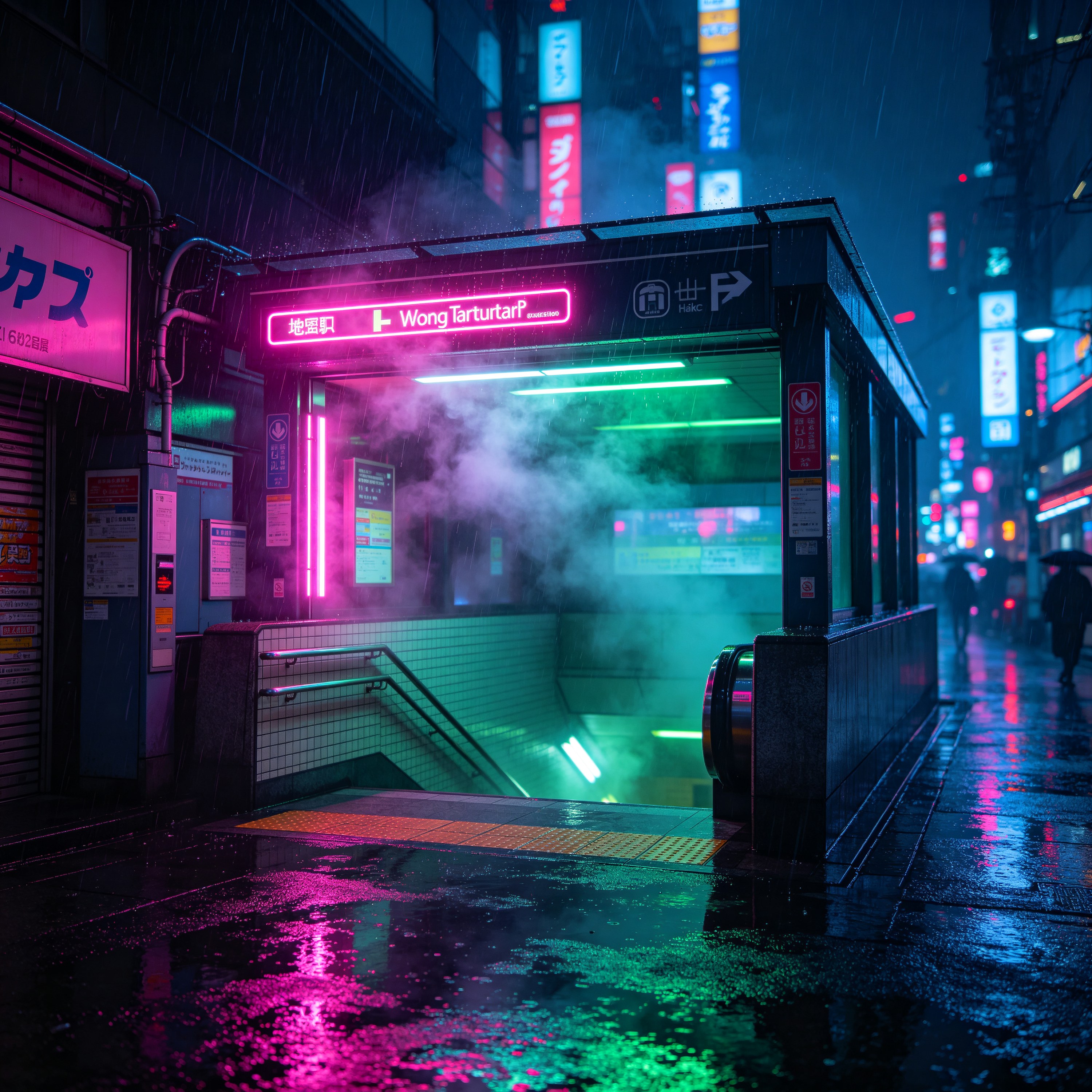 a neon-lit subway en