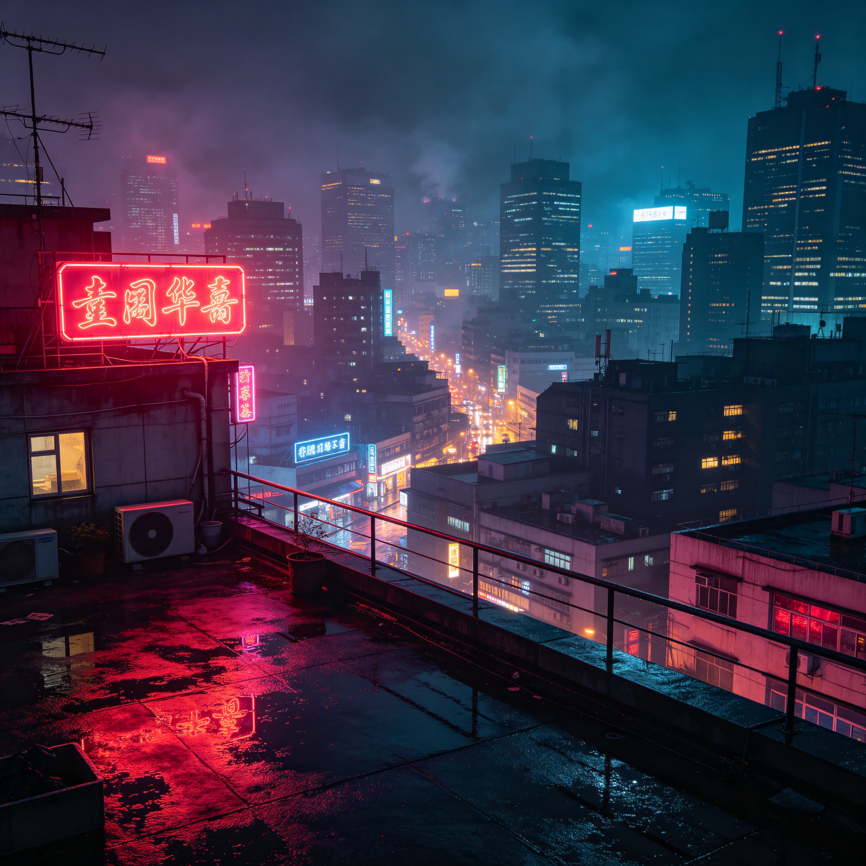 a neon-lit rooftop v