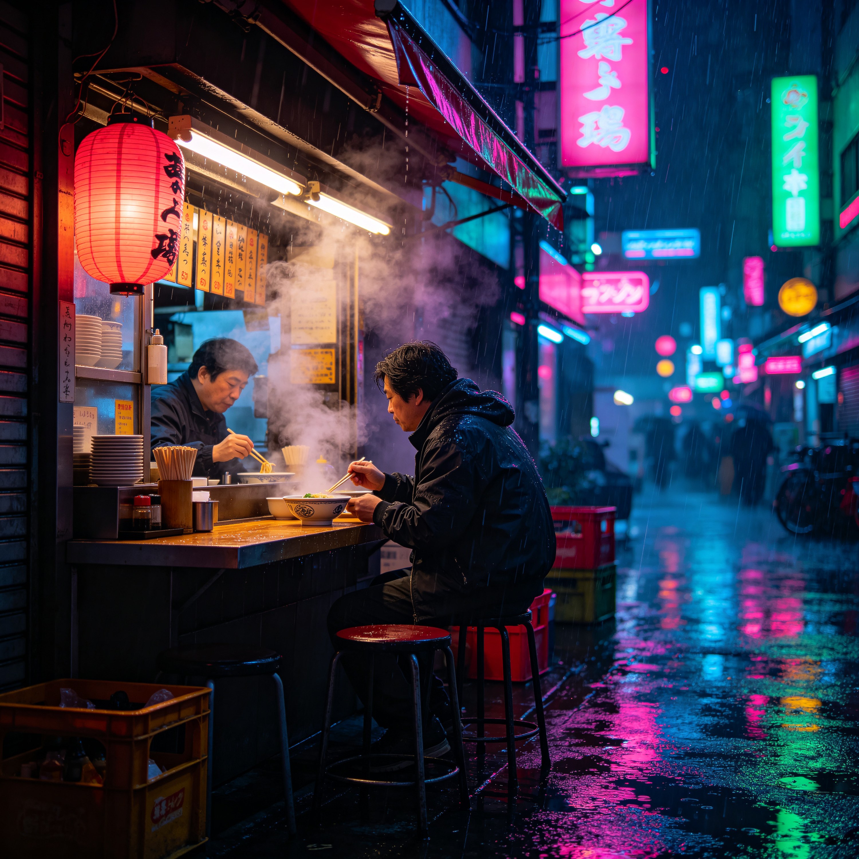 a neon-lit noodle sh