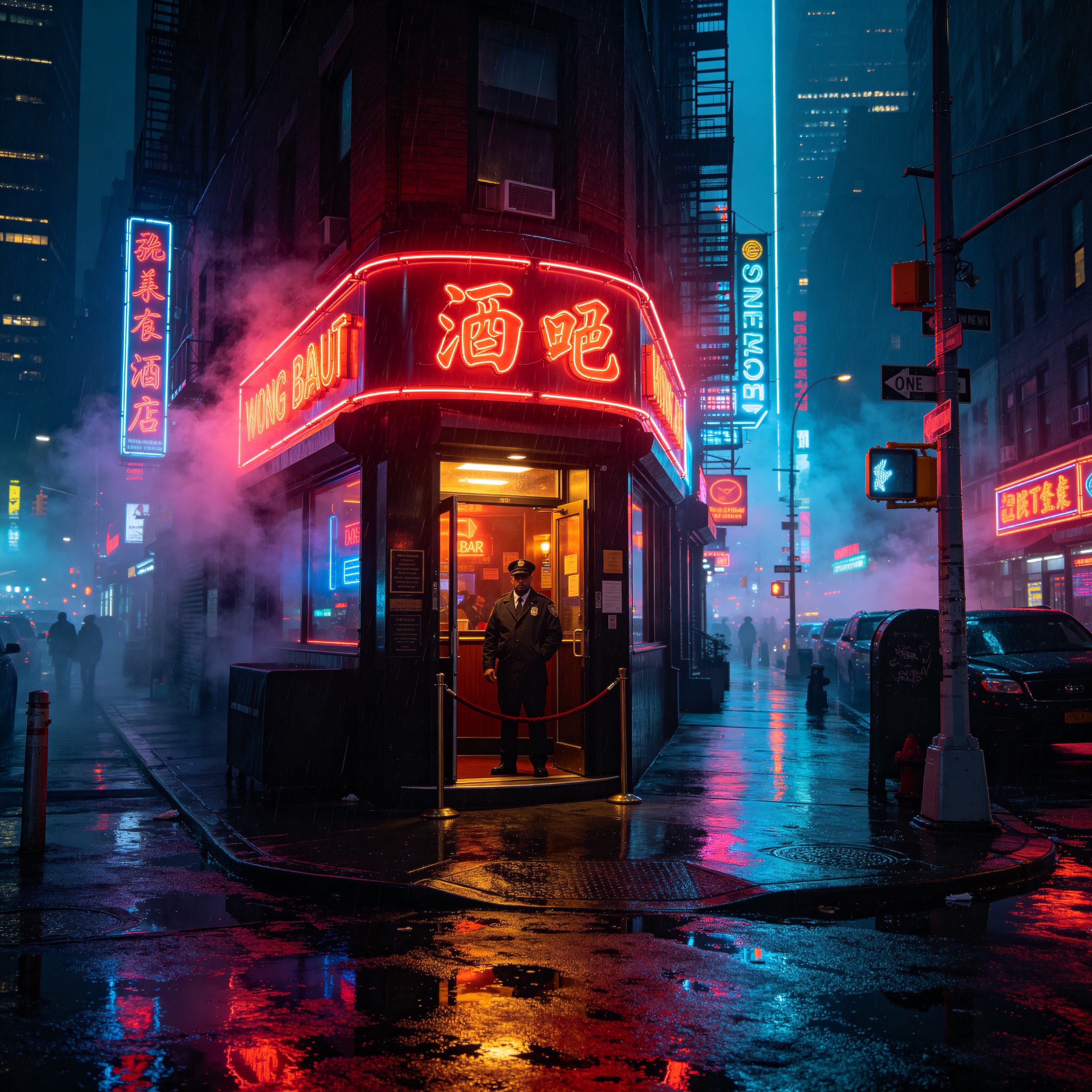 a neon-lit bar entra
