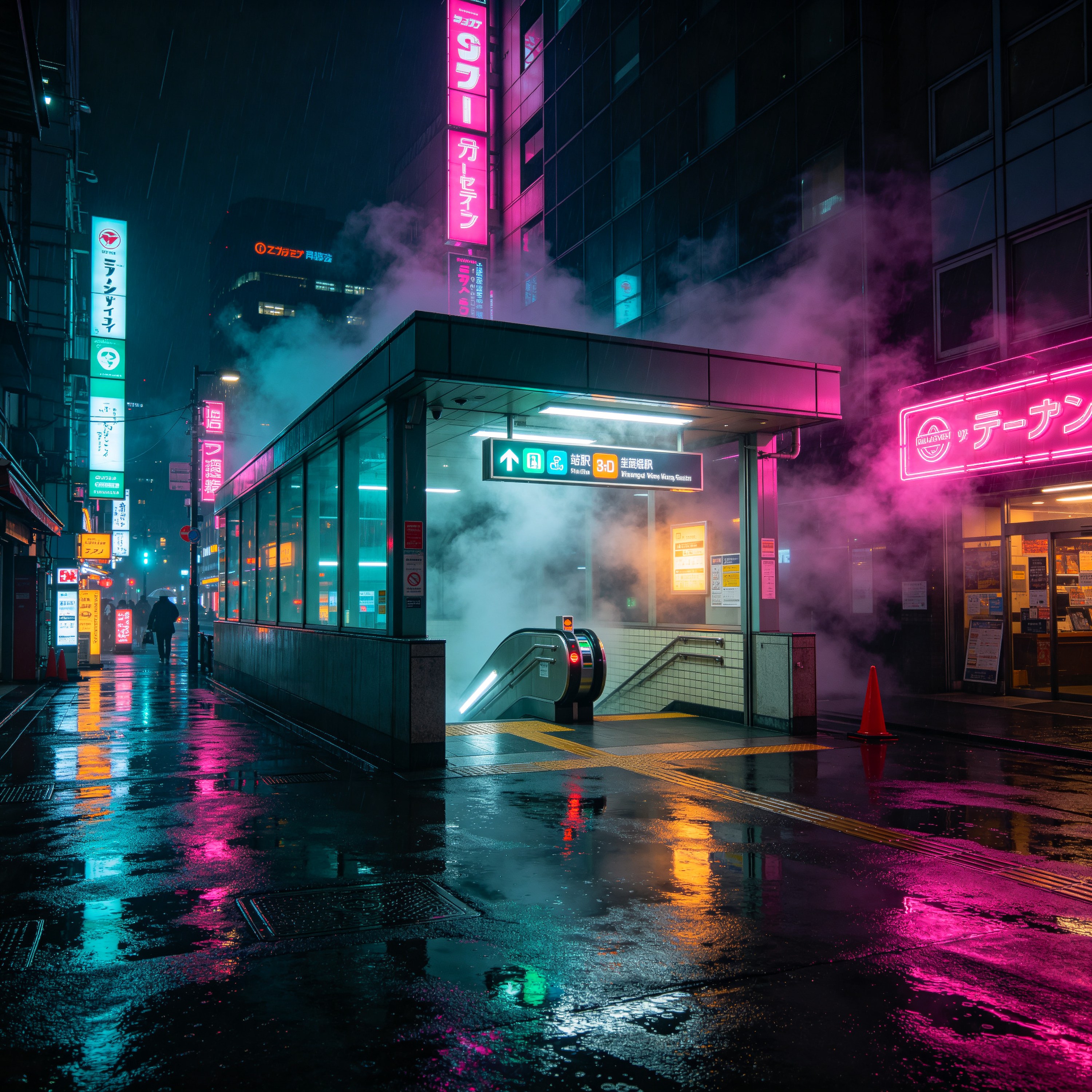 a neon-lit subway en