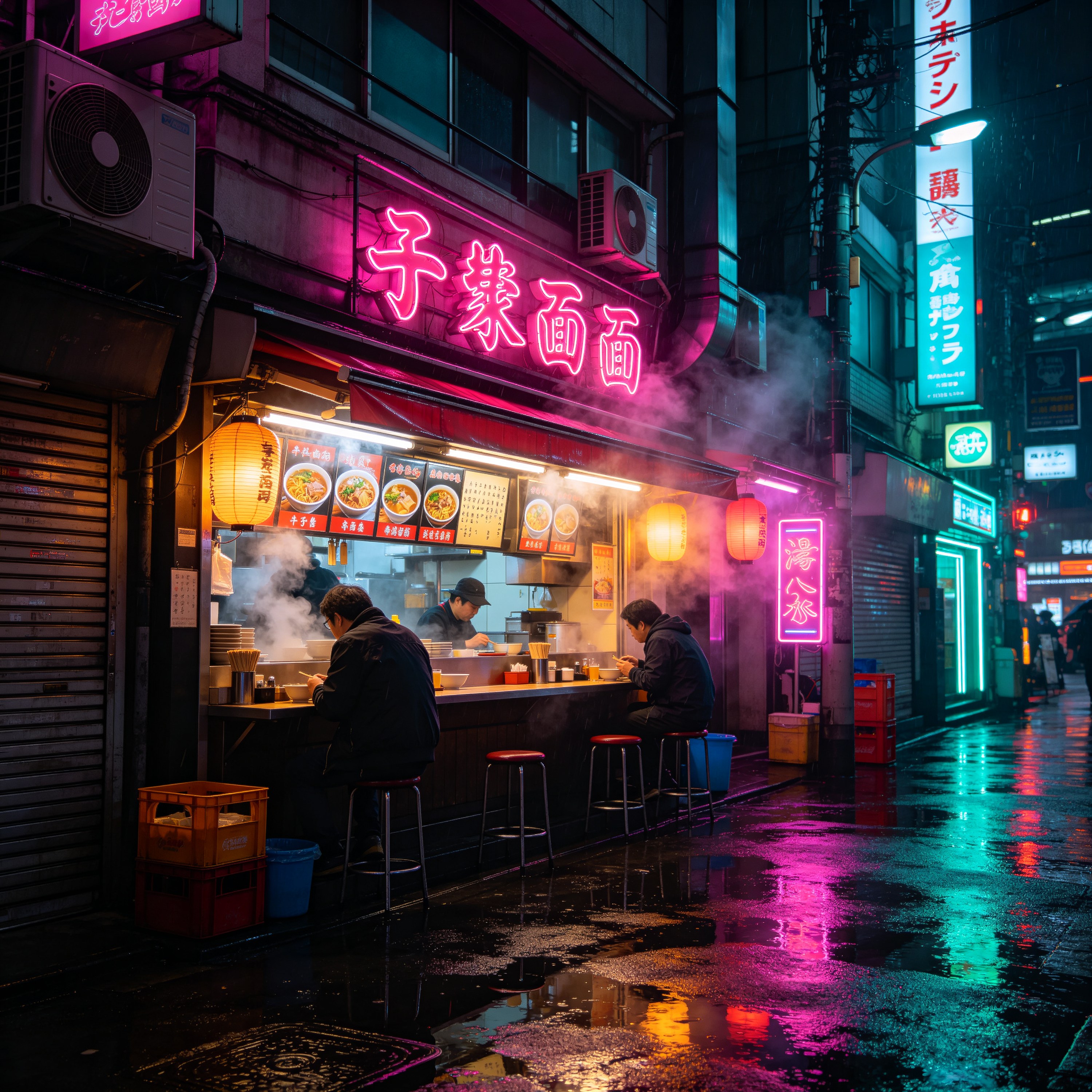 a neon-lit noodle sh