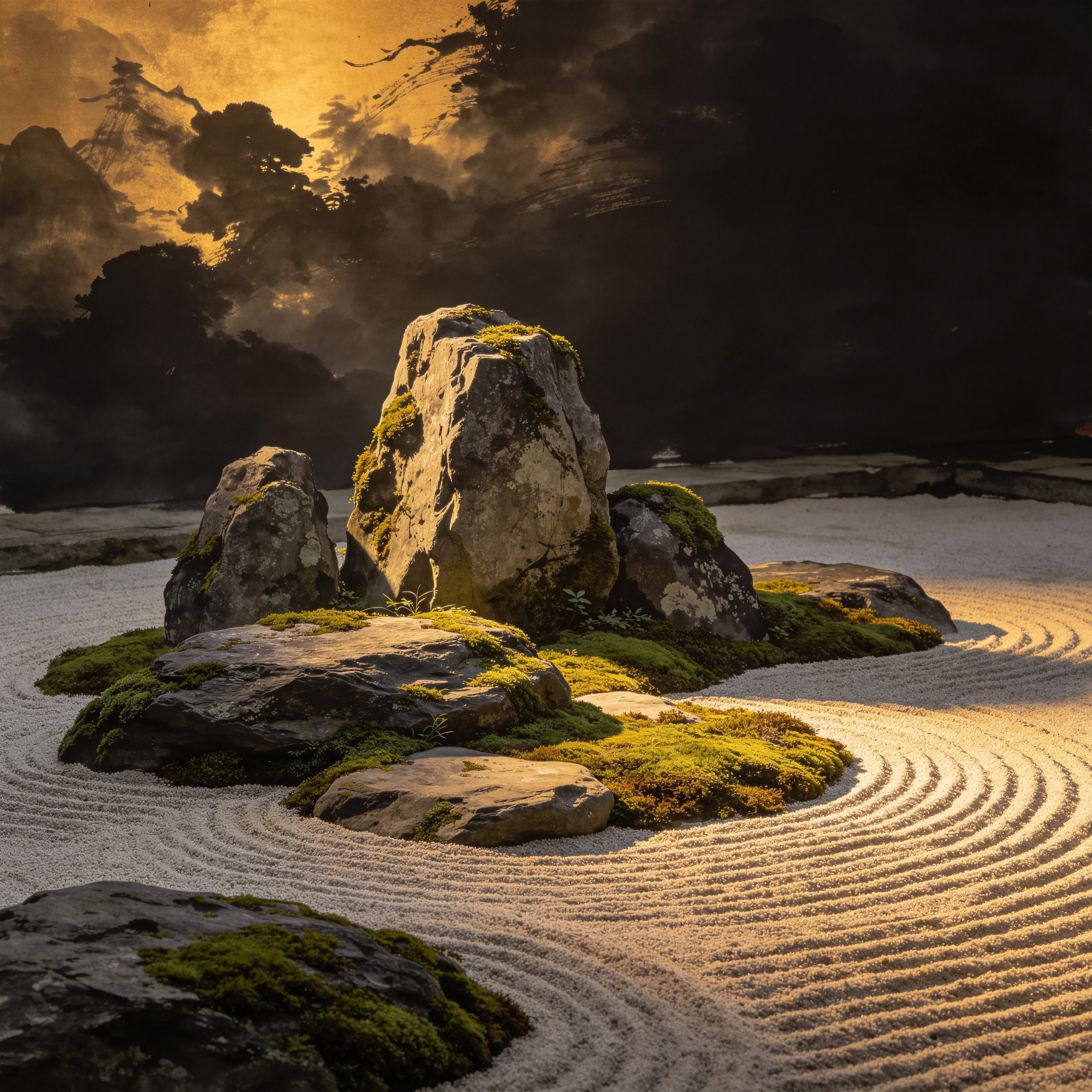 a zen garden at dusk