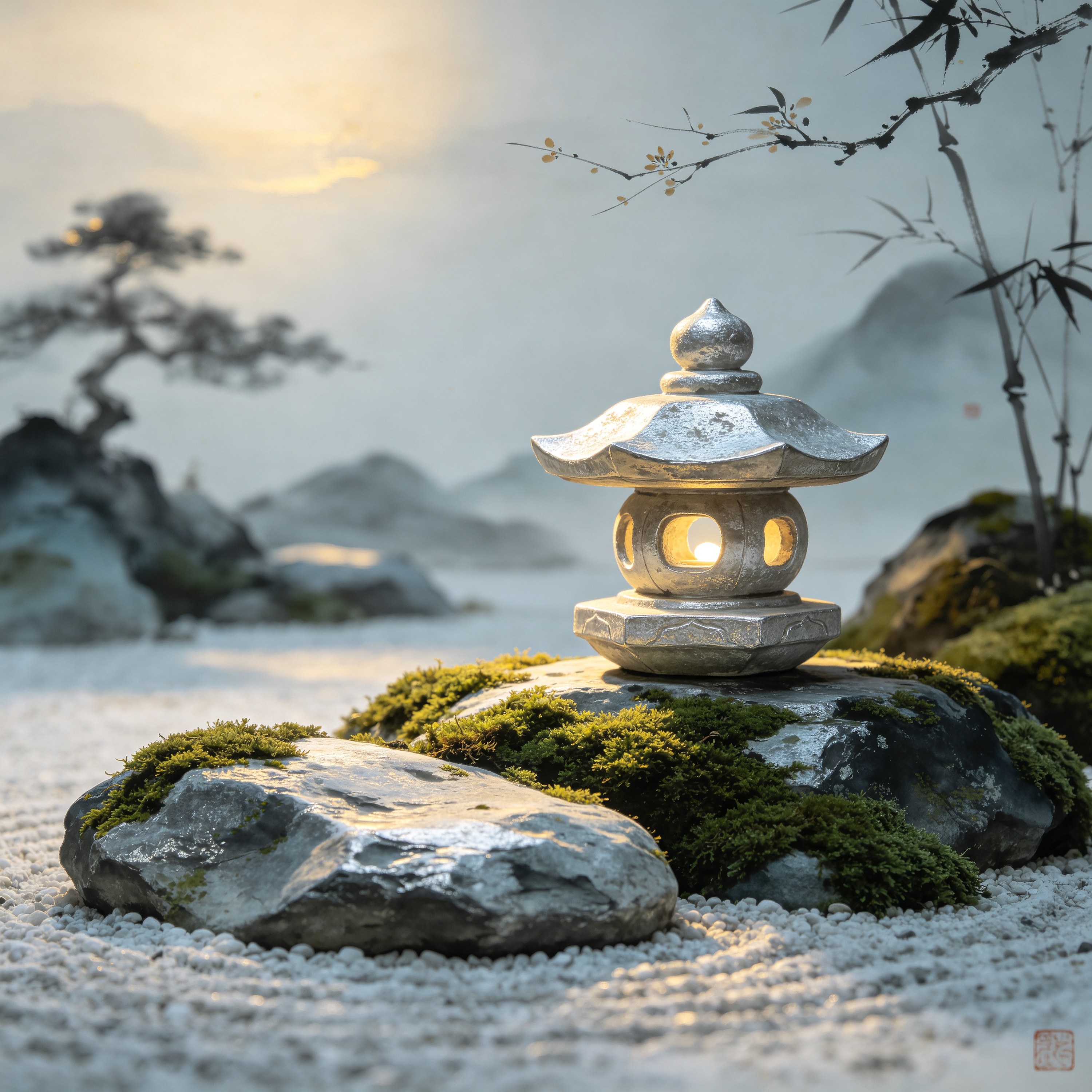 a zen garden at dusk