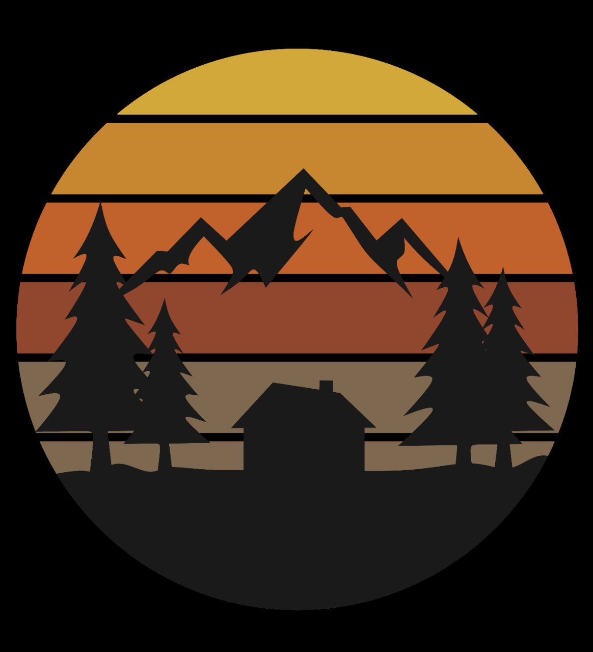 Retro Mountain Landscape Silhouette with Cabin and Pine Trees Sunset Circular