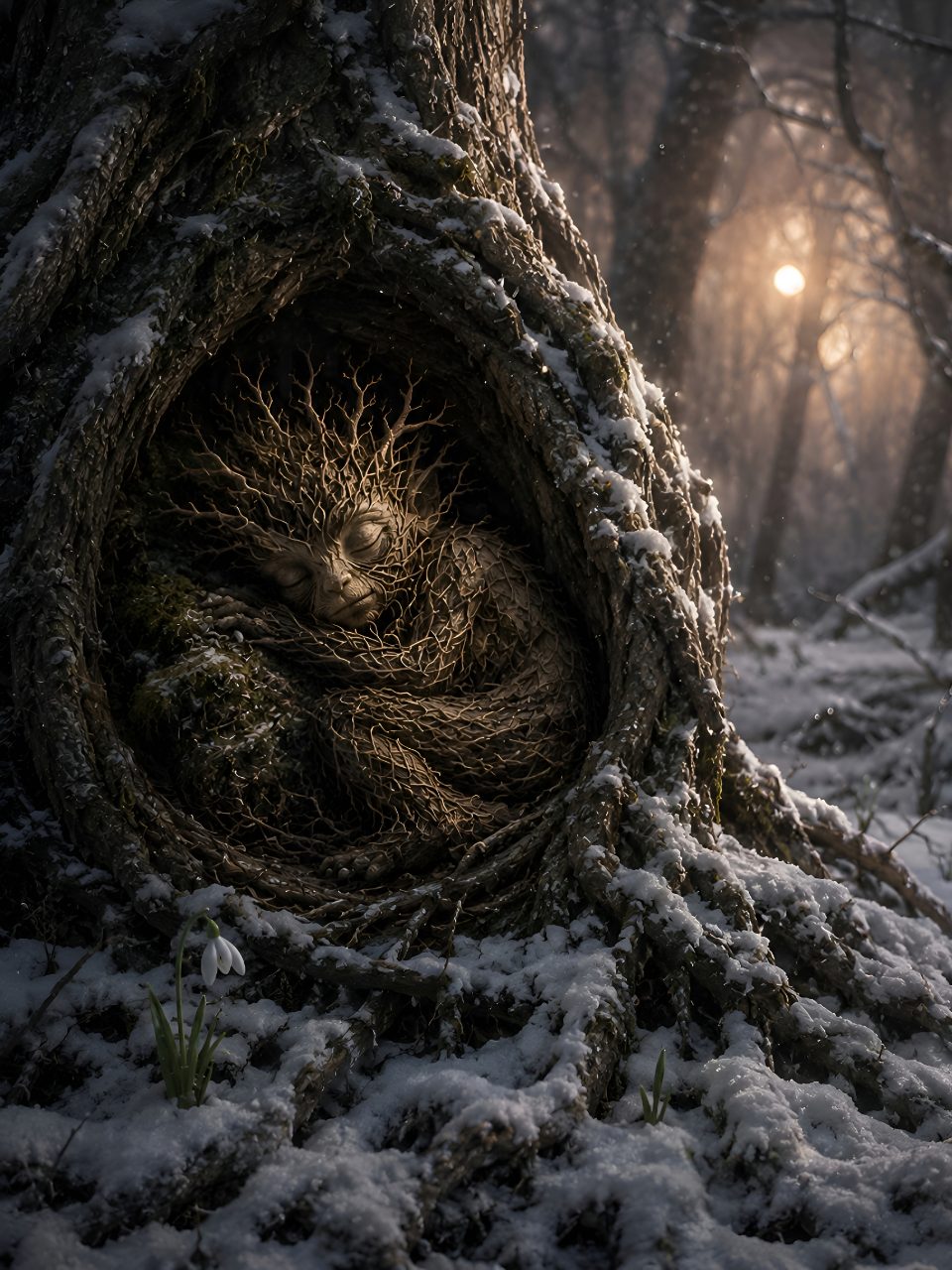 Sleeping Forest Spirit in a Snowy Tree Hollow