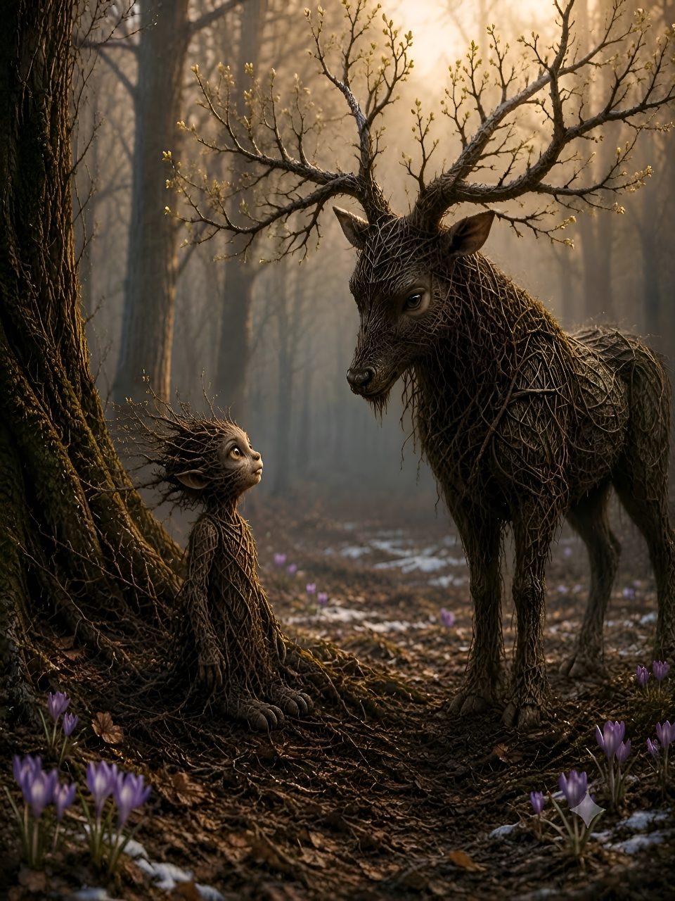 Forest Spirit Meeting an Antlered Woodland Creature