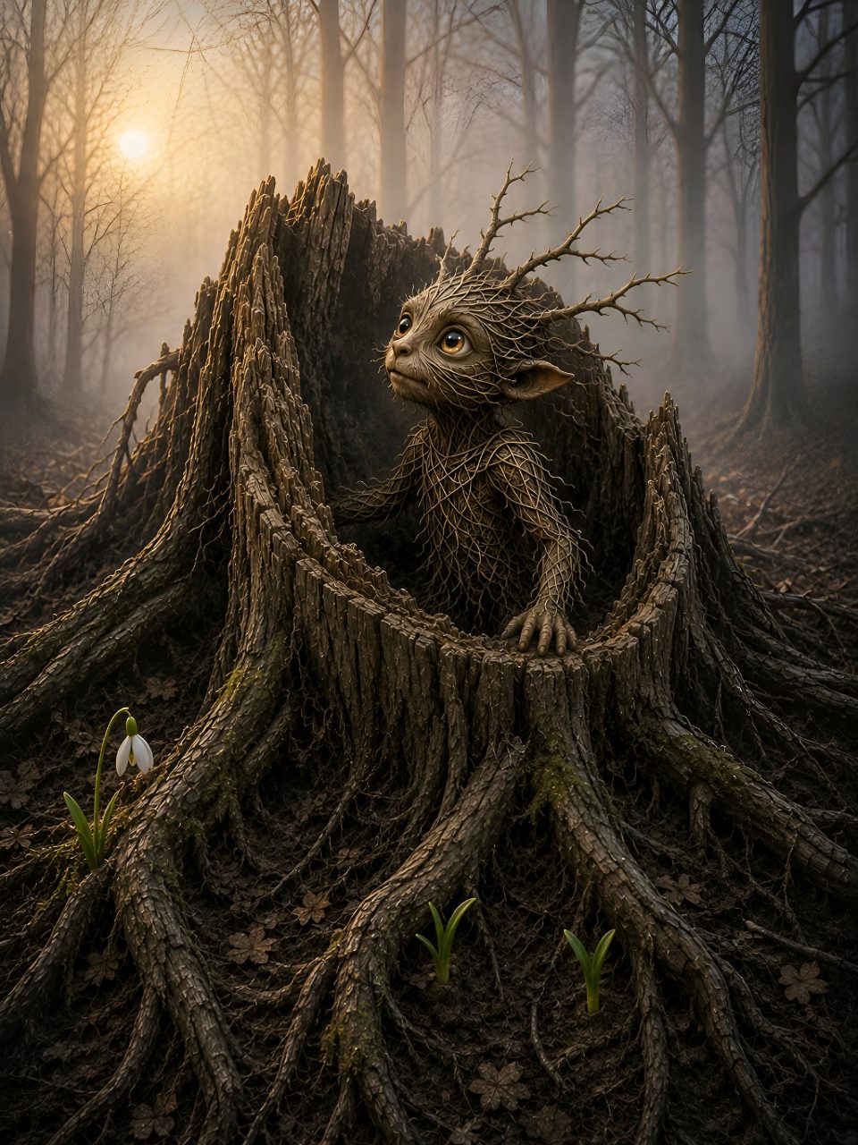 Forest Spirit Emerging from an Ancient Tree Stump