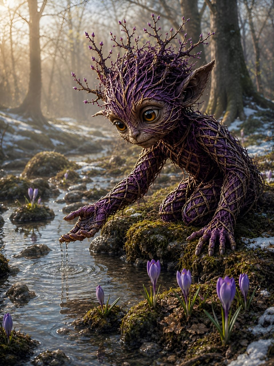 Purple Woodland Creature Touching a Forest Stream